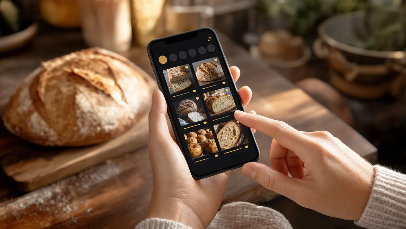 Aplicativo de receitas de pães sendo usado no celular