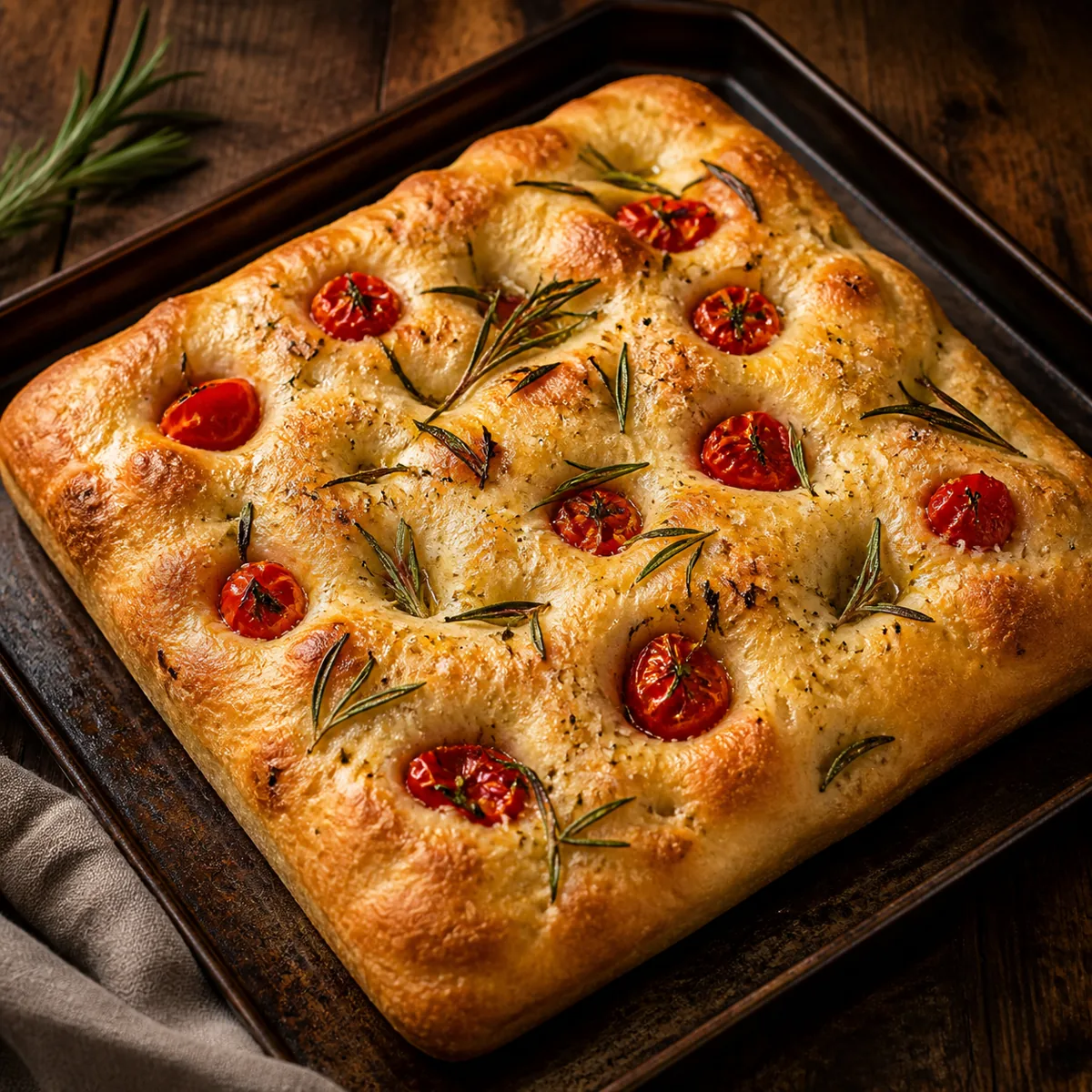 Focaccia sem glúten com tomate e alecrim